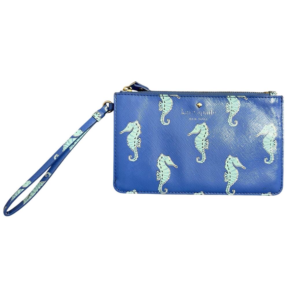 Kate Spade New York Seahorse Wristlet Leather Zippered Closure Lined Blue Gold